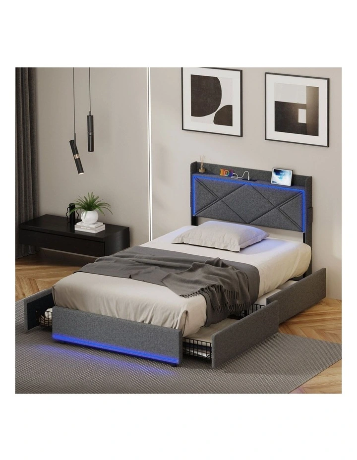 Oikiture Bed Frame King Single Size with LED Headboard Charging Port 4 Drawers image 7