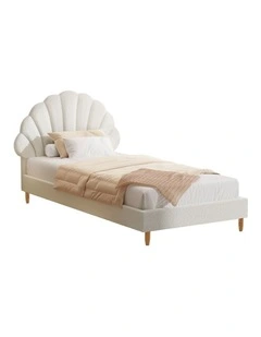 Oikiture Bed Frame Single Size Scallop-Shape Bedhead White Boucle