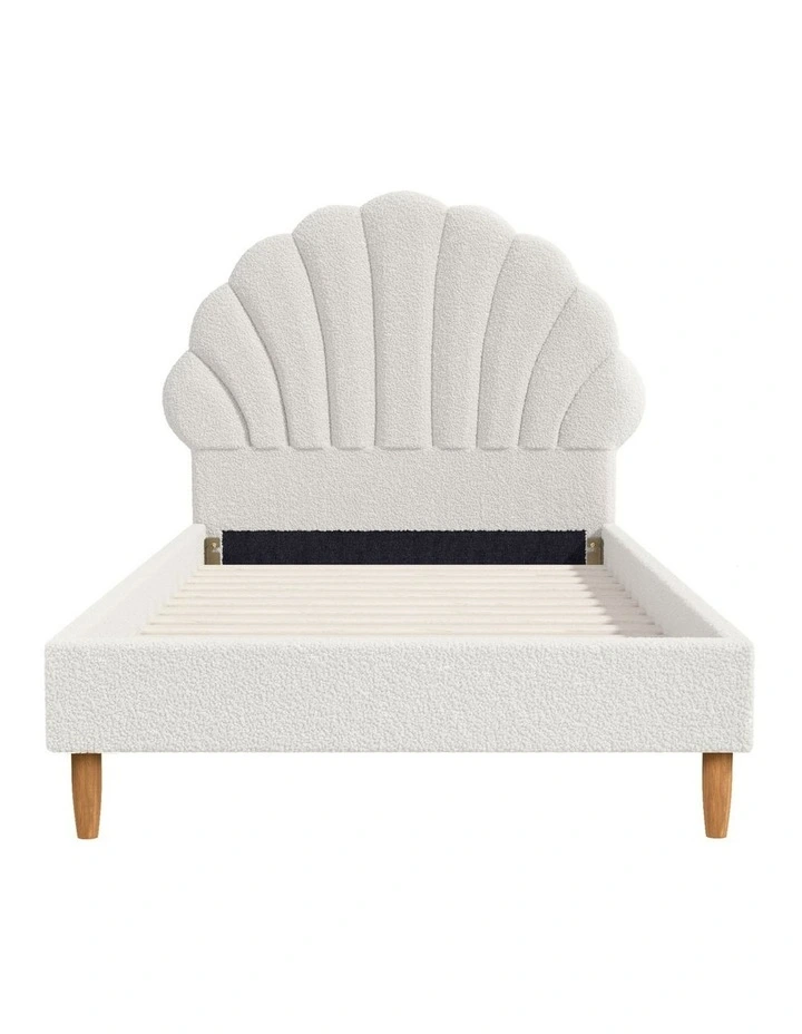 Oikiture Bed Frame Single Size Scallop-Shape Bedhead White Boucle image 2