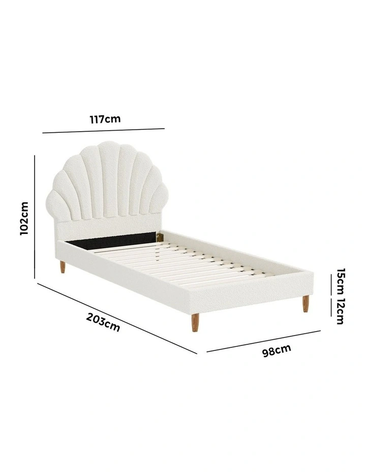 Oikiture Bed Frame Single Size Scallop-Shape Bedhead White Boucle image 3