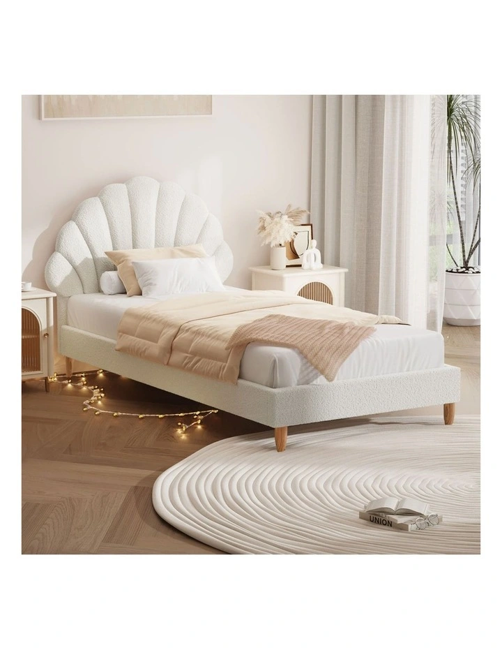Oikiture Bed Frame Single Size Scallop-Shape Bedhead White Boucle image 4