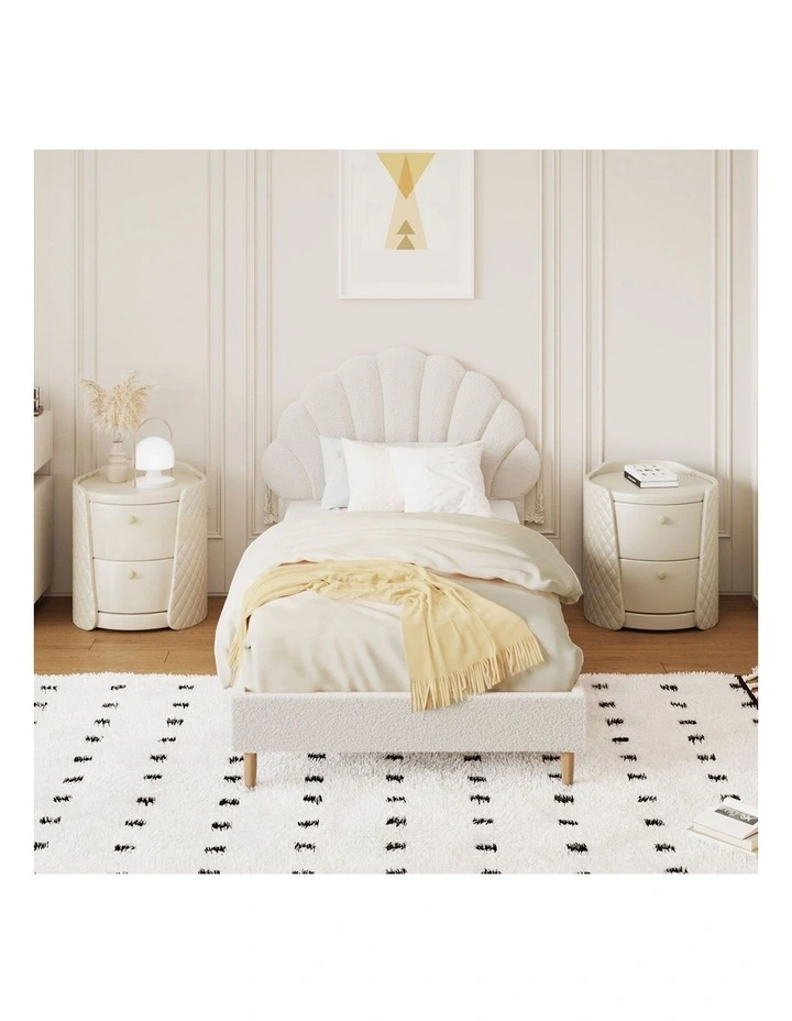 Oikiture Bed Frame Single Size Scallop-Shape Bedhead White Boucle image 5