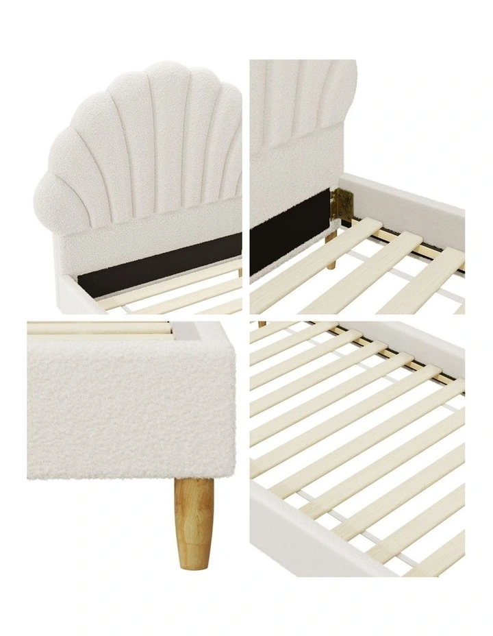 Oikiture Bed Frame Single Size Scallop-Shape Bedhead White Boucle image 7