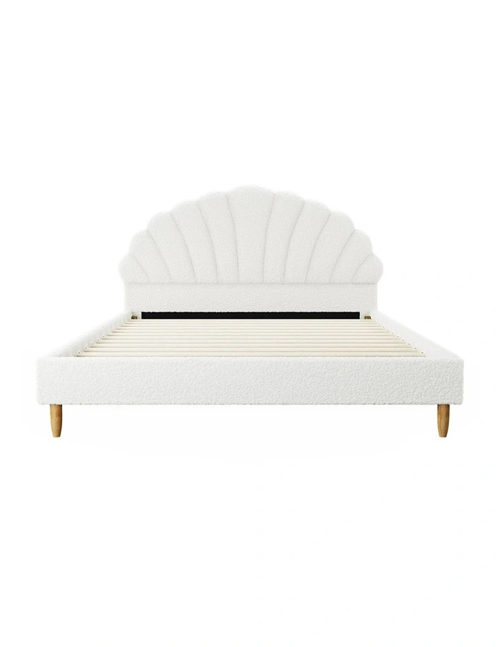 Oikiture Bed Frame Double Size Scallop-Shape Bedhead White Boucle image 2