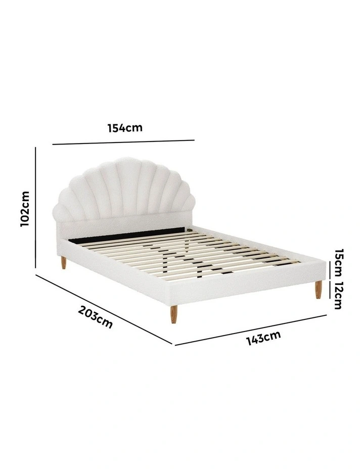 Oikiture Bed Frame Double Size Scallop-Shape Bedhead White Boucle image 3