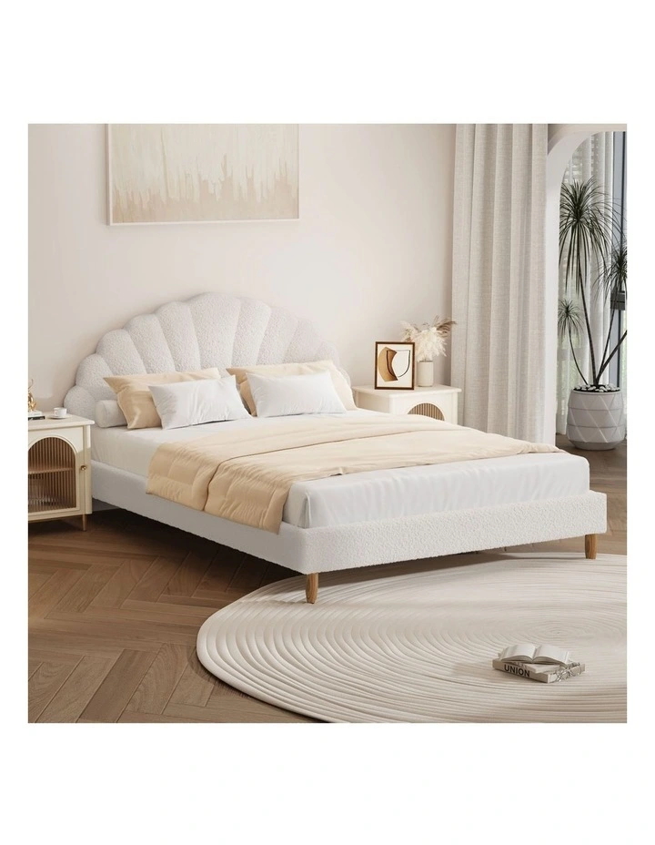 Oikiture Bed Frame Double Size Scallop-Shape Bedhead White Boucle image 4