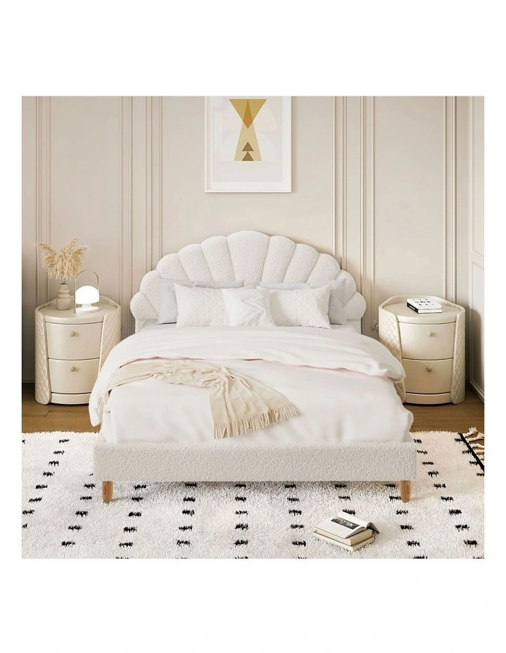 Oikiture Bed Frame Double Size Scallop-Shape Bedhead White Boucle image 5