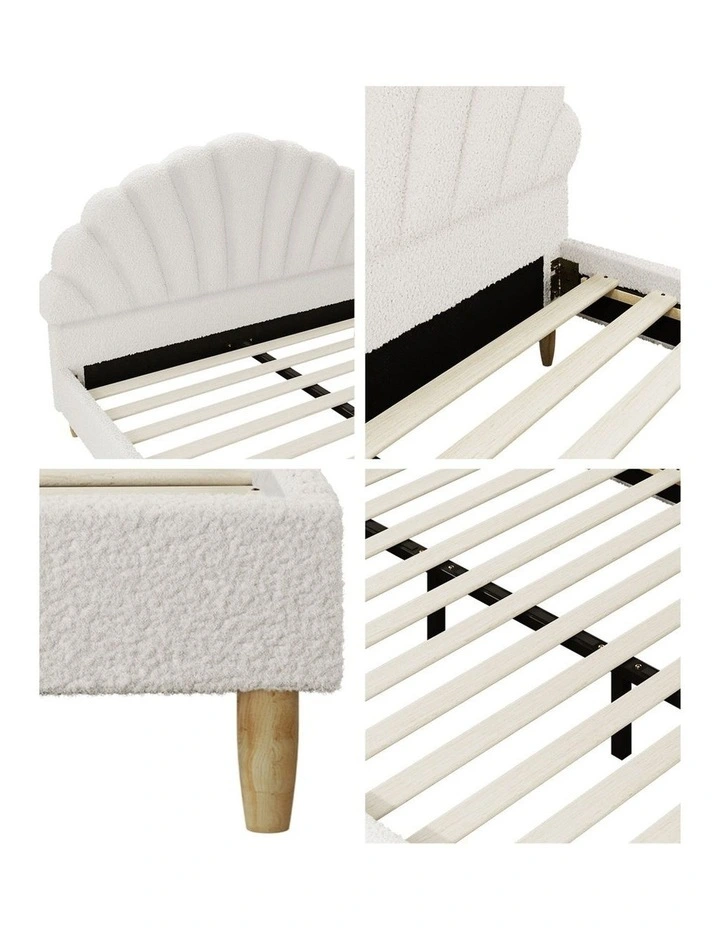 Oikiture Bed Frame Double Size Scallop-Shape Bedhead White Boucle image 7