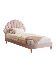 Oikiture Bed Frame Single Size Scallop-Shape Bedhead Pink Velvet