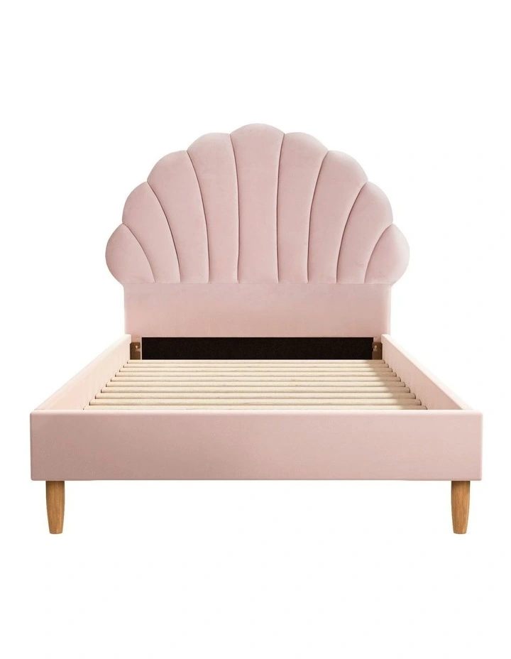 Oikiture Bed Frame Single Size Scallop-Shape Bedhead Pink Velvet image 2