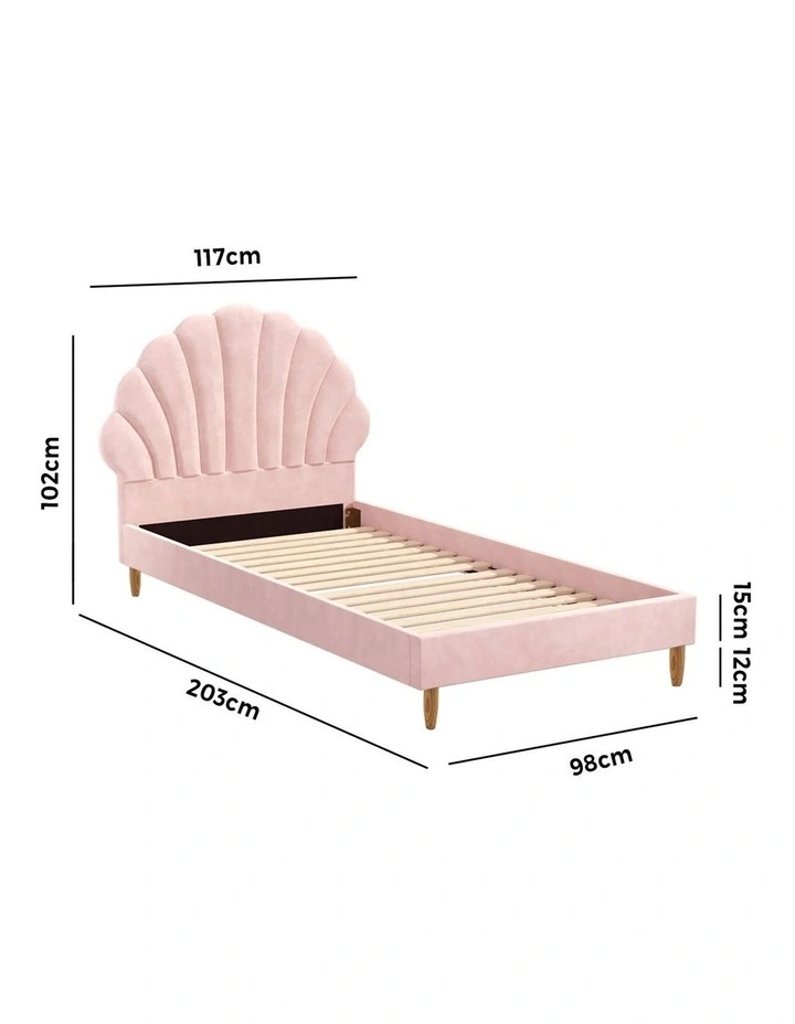 Oikiture Bed Frame Single Size Scallop-Shape Bedhead Pink Velvet image 3