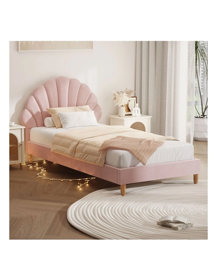 Oikiture Bed Frame Single Size Scallop-Shape Bedhead Pink Velvet image 4