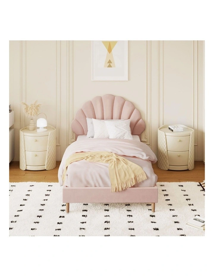 Oikiture Bed Frame Single Size Scallop-Shape Bedhead Pink Velvet image 5