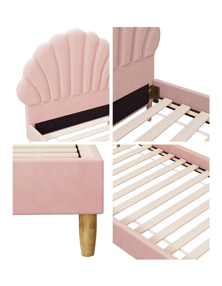 Oikiture Bed Frame Single Size Scallop-Shape Bedhead Pink Velvet image 7