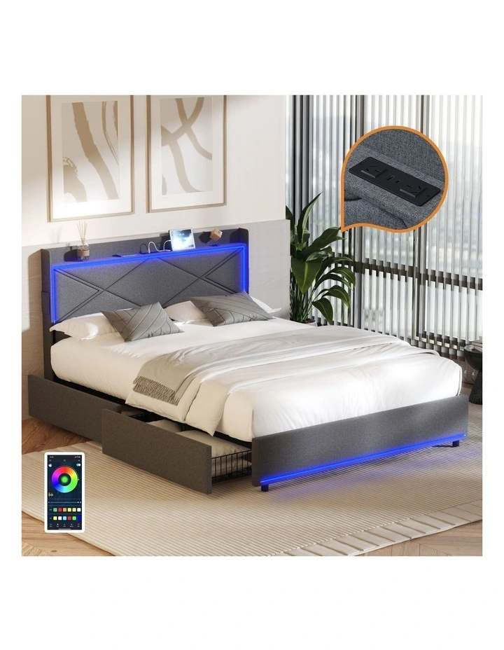 Oikiture Bed Frame Queen Size with LED Headboard Charging Port 4 Drawers image 4
