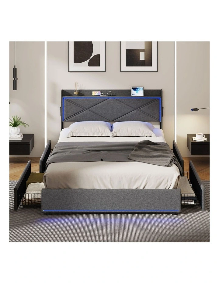 Oikiture Bed Frame Queen Size with LED Headboard Charging Port 4 Drawers image 5