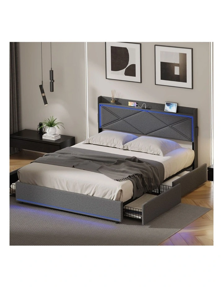 Oikiture Bed Frame Queen Size with LED Headboard Charging Port 4 Drawers image 7