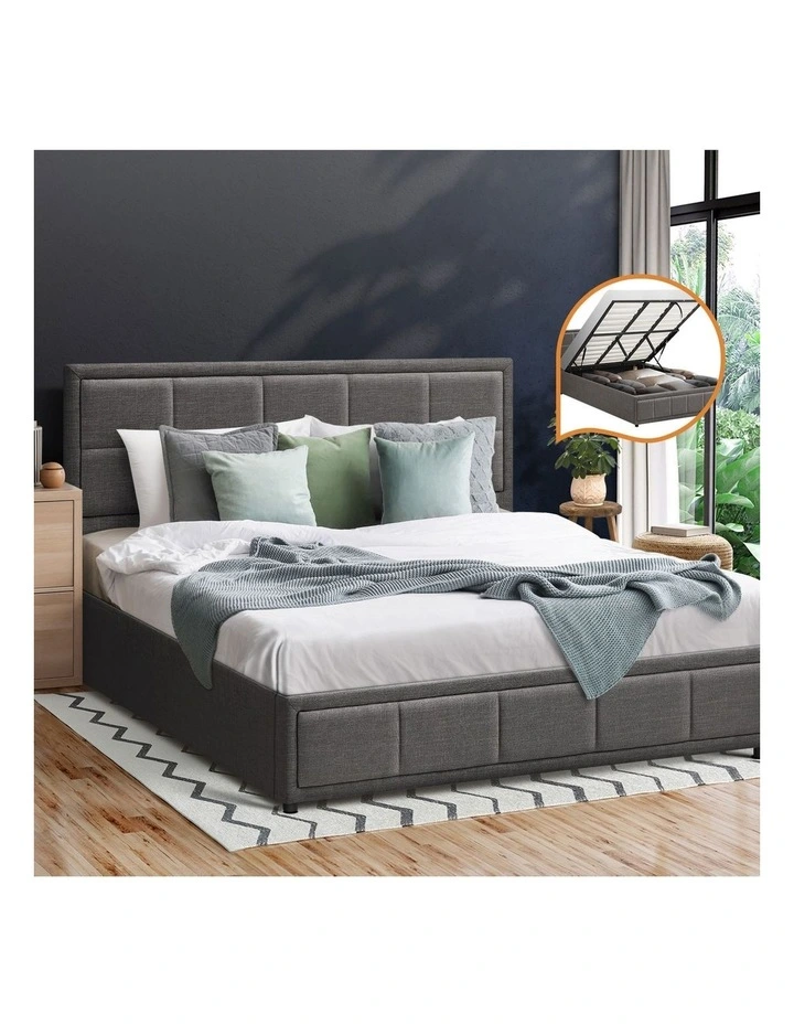 Oikiture Bed Frame King Size Gas Lift Storage Base Fabric Grey image 4