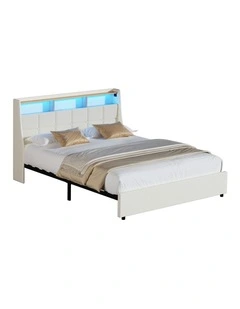 Oikiture Double Size Bed Frame with LED Storage Headboard USB Charging Beige