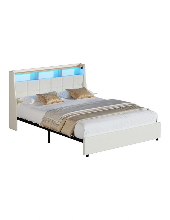 Oikiture Double Size Bed Frame with LED Storage Headboard USB Charging Beige image 1