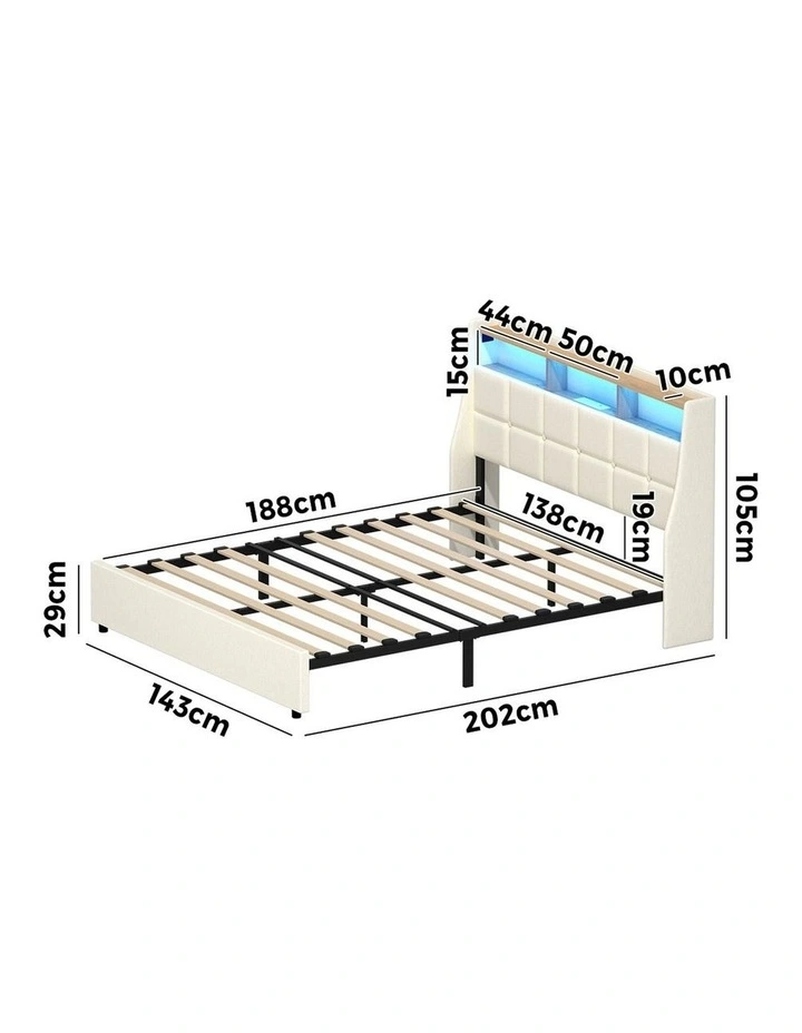 Oikiture Double Size Bed Frame with LED Storage Headboard USB Charging Beige image 3