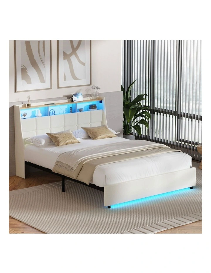 Oikiture Double Size Bed Frame with LED Storage Headboard USB Charging Beige image 4