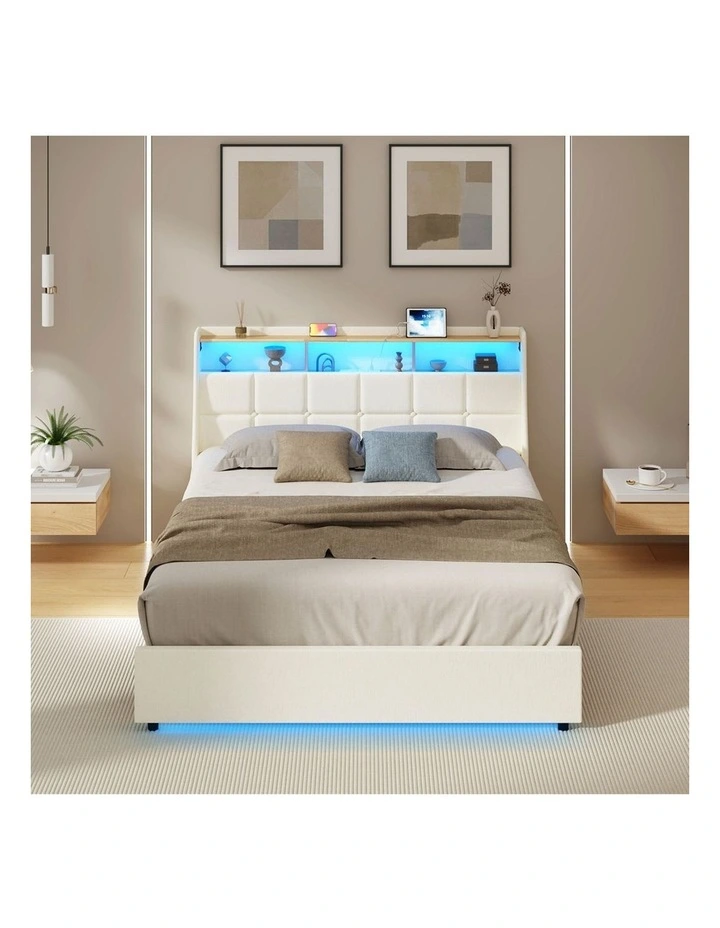 Oikiture Double Size Bed Frame with LED Storage Headboard USB Charging Beige image 5