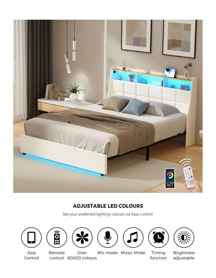 Oikiture Double Size Bed Frame with LED Storage Headboard USB Charging Beige image 6