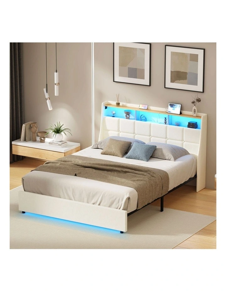 Oikiture Double Size Bed Frame with LED Storage Headboard USB Charging Beige image 7