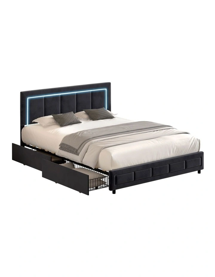 Oikiture LED Bed Frame Double Size with 4 Drawers Adjustable Headboard Black image 1