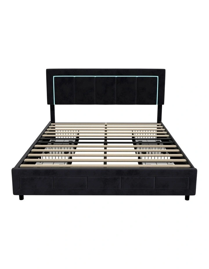 Oikiture LED Bed Frame Double Size with 4 Drawers Adjustable Headboard Black image 2
