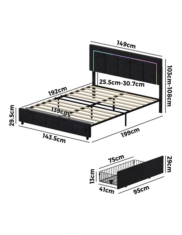 Oikiture LED Bed Frame Double Size with 4 Drawers Adjustable Headboard Black image 3