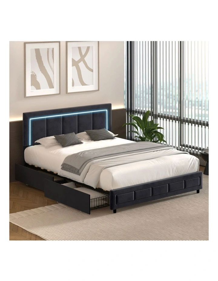 Oikiture LED Bed Frame Double Size with 4 Drawers Adjustable Headboard Black image 4