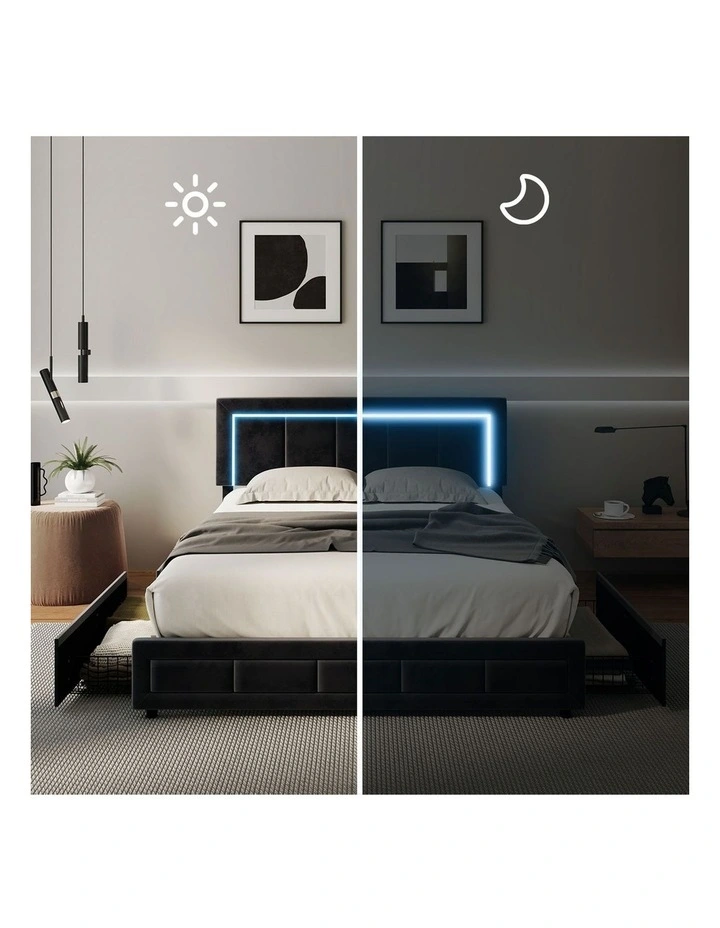Oikiture LED Bed Frame Double Size with 4 Drawers Adjustable Headboard Black image 5