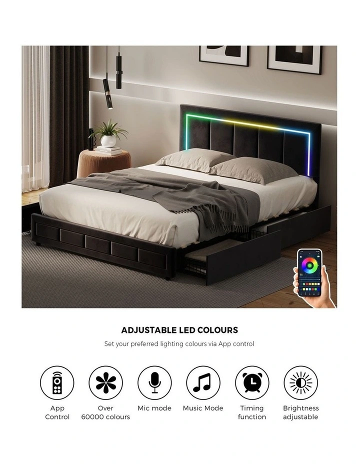 Oikiture LED Bed Frame Double Size with 4 Drawers Adjustable Headboard Black image 6