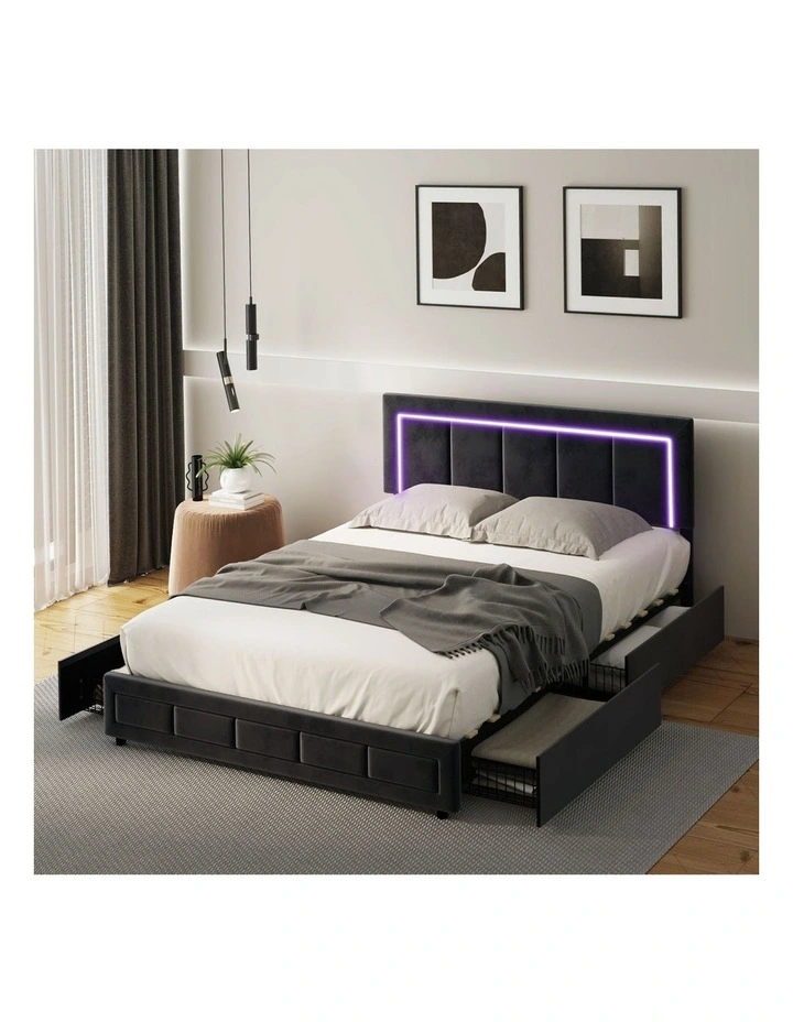 Oikiture LED Bed Frame Double Size with 4 Drawers Adjustable Headboard Black image 7