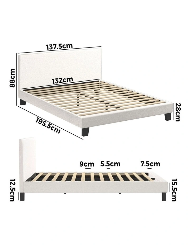 Oikiture Bed Frame Double Size Boucle Fabric Platform Wooden Slats image 3