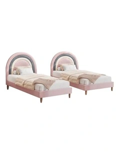 Oikiture Bed Frame 2X Single Size Rainbow Kids Bed Frame Pink Velvet