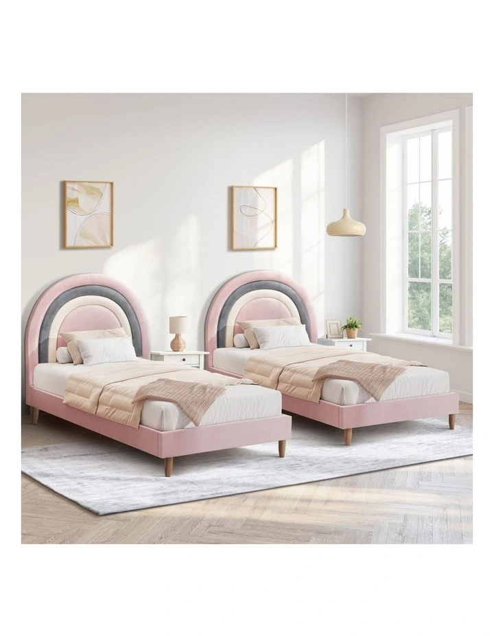 Oikiture Bed Frame 2X Single Size Rainbow Kids Bed Frame Pink Velvet image 4