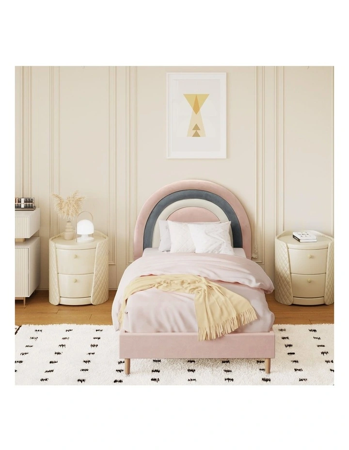 Oikiture Bed Frame 2X Single Size Rainbow Kids Bed Frame Pink Velvet image 5