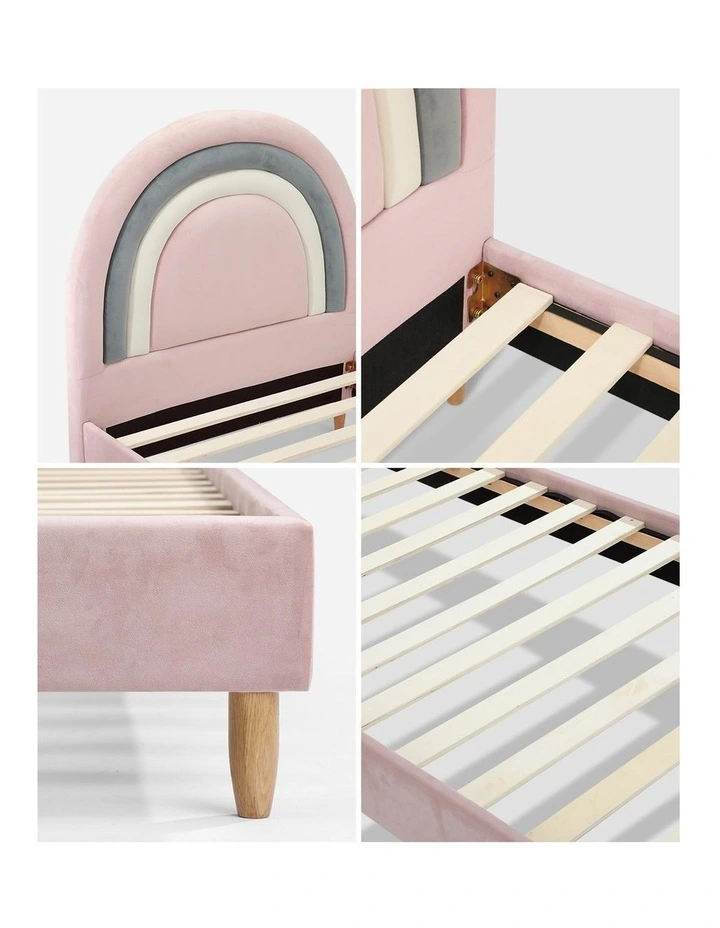 Oikiture Bed Frame 2X Single Size Rainbow Kids Bed Frame Pink Velvet image 6