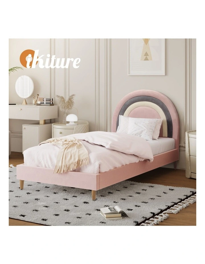 Oikiture Bed Frame 2X Single Size Rainbow Kids Bed Frame Pink Velvet image 7