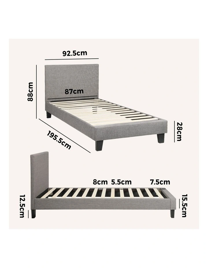 Oikiture Bed Frame Single Size Wooden Slats Grey Fabric image 3