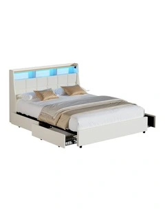 Oikiture Queen Size Bed Frame Headboard RGB Lights with Drawer USB Charge Beige