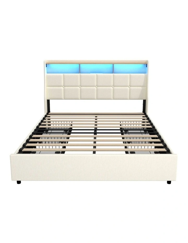 Oikiture Queen Size Bed Frame Headboard RGB Lights with Drawer USB Charge Beige image 2