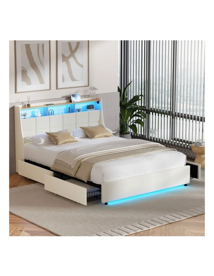 Oikiture Queen Size Bed Frame Headboard RGB Lights with Drawer USB Charge Beige image 4