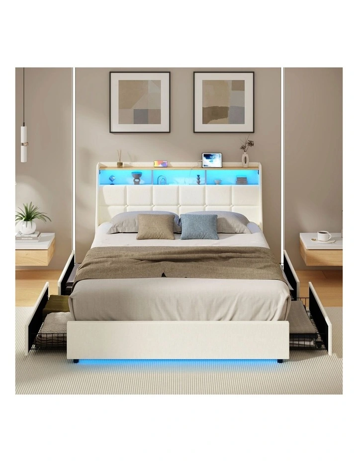 Oikiture Queen Size Bed Frame Headboard RGB Lights with Drawer USB Charge Beige image 5