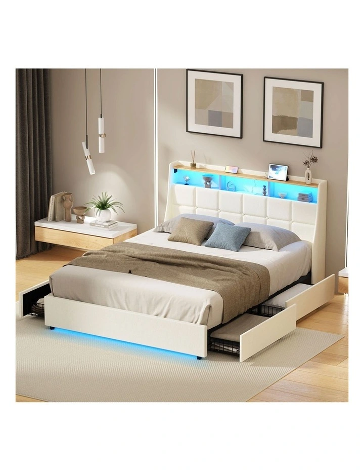 Oikiture Queen Size Bed Frame Headboard RGB Lights with Drawer USB Charge Beige image 7