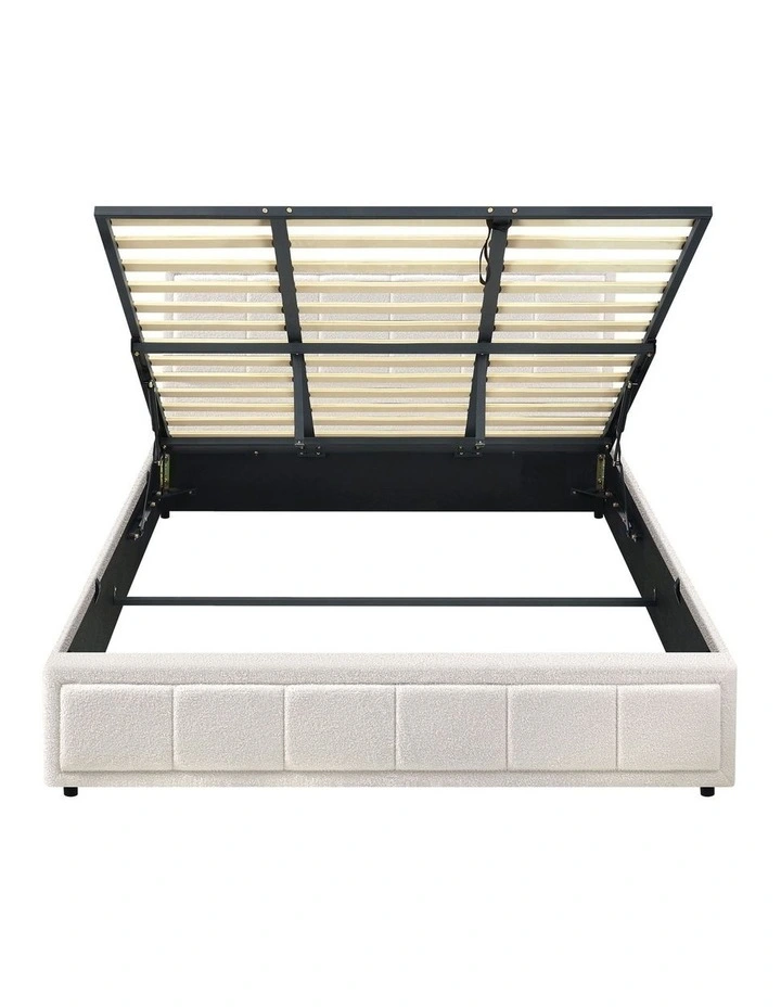 Oikiture Bed Frame King Size Gas Lift Storage Bed Platform Boucle White image 2