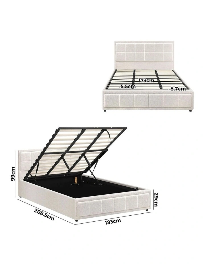 Oikiture Bed Frame King Size Gas Lift Storage Bed Platform Boucle White image 3